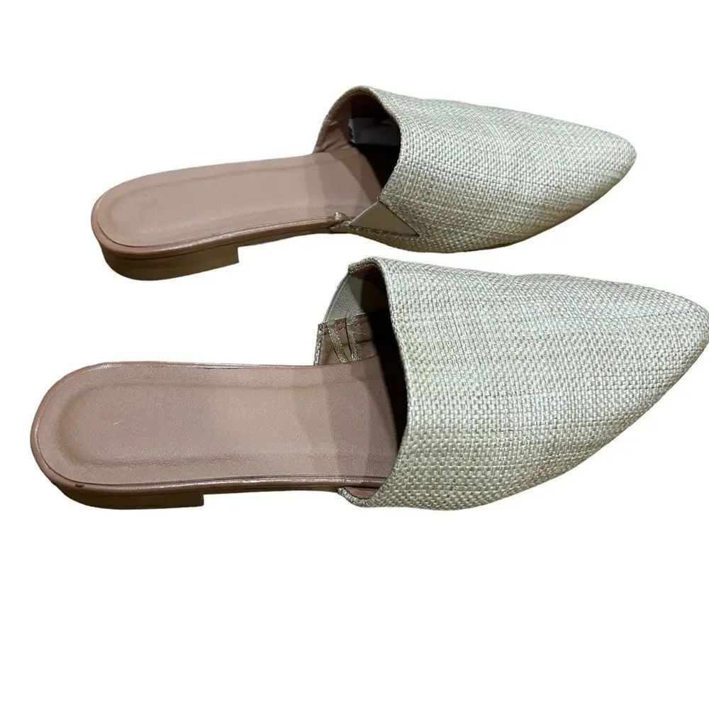 Straw Rattan Pointed Toe Mule Slides Flats - Picture 3 of 9